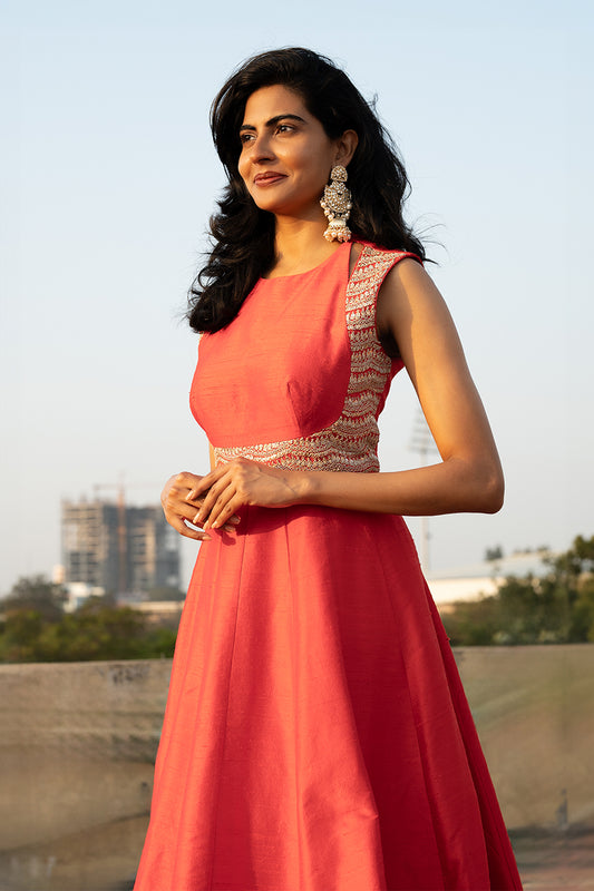 dupion blood red ready to wear anarkali top