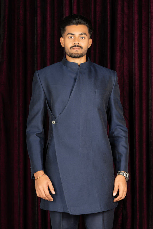 silk spun tussar dark pottery blue Sherwani