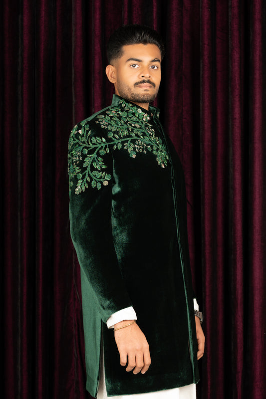 velvet dark olive green Sherwani