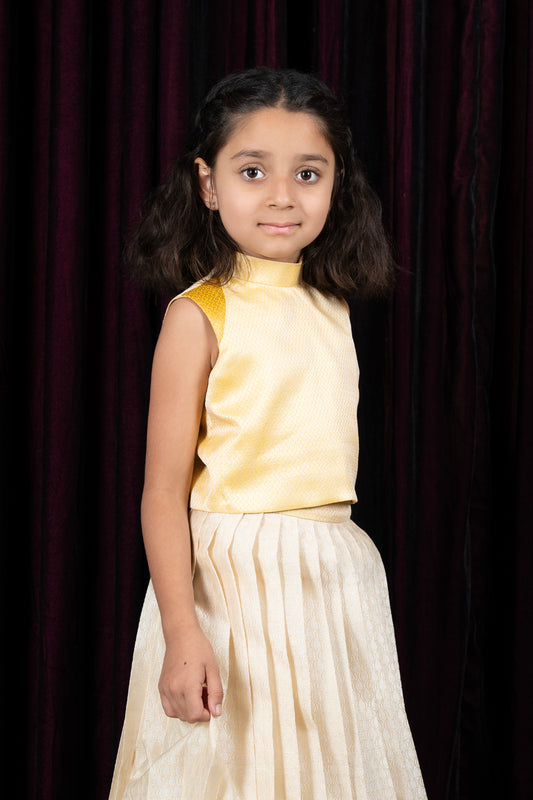 kora silk light beige baby yellow Girls Lehanga Choli