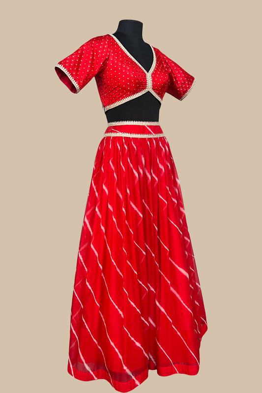 chiffon satin blood red lehenga with blouse