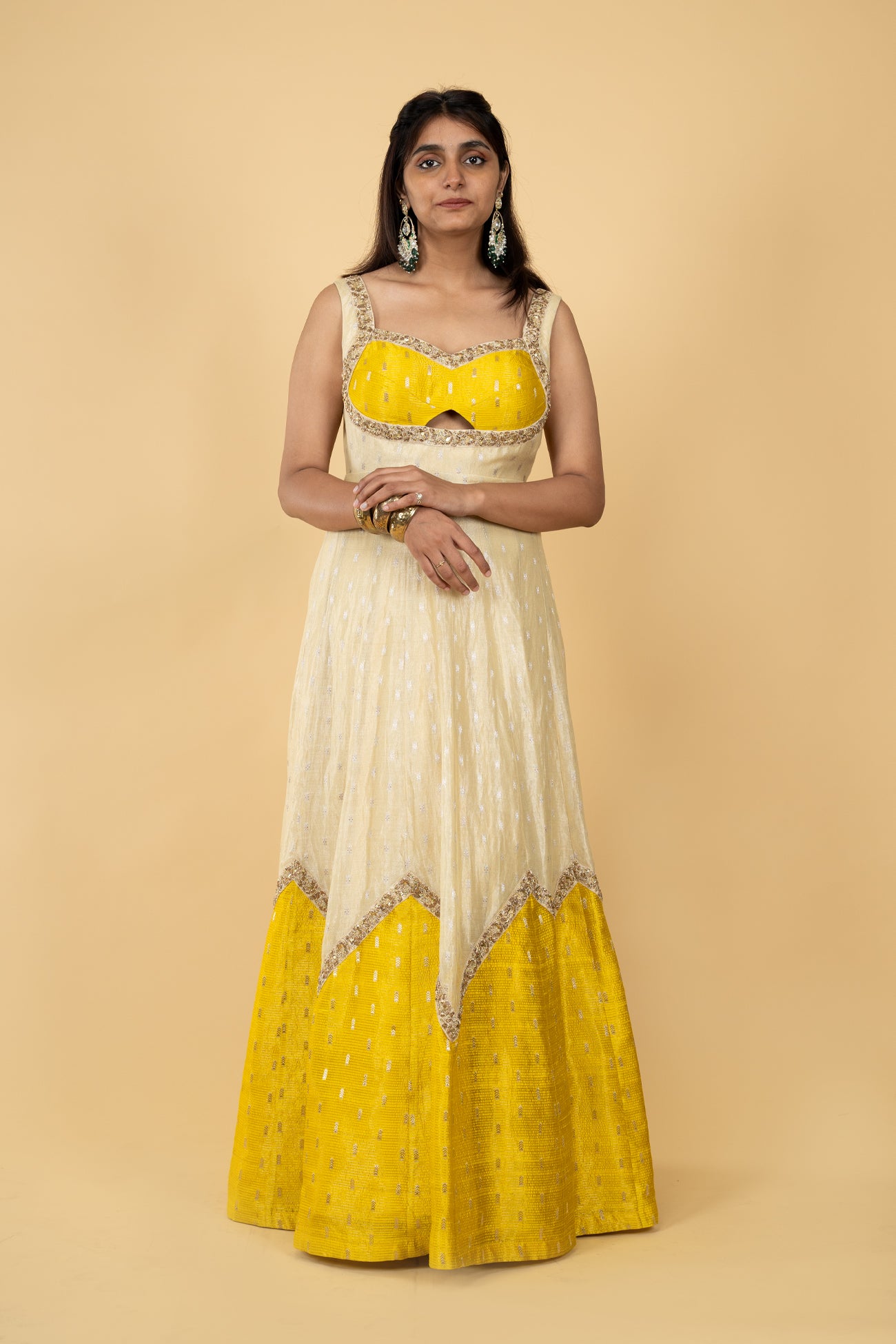 dupion natural beige tussar golden yellow anarkali