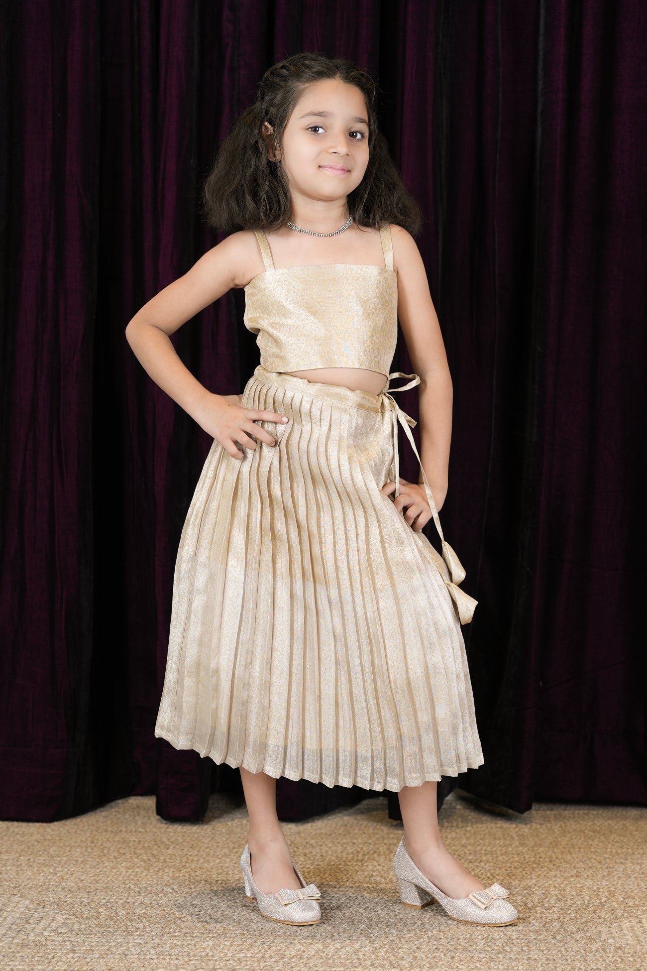 tissue natural beige tussar light grey Girls Lehanga Choli