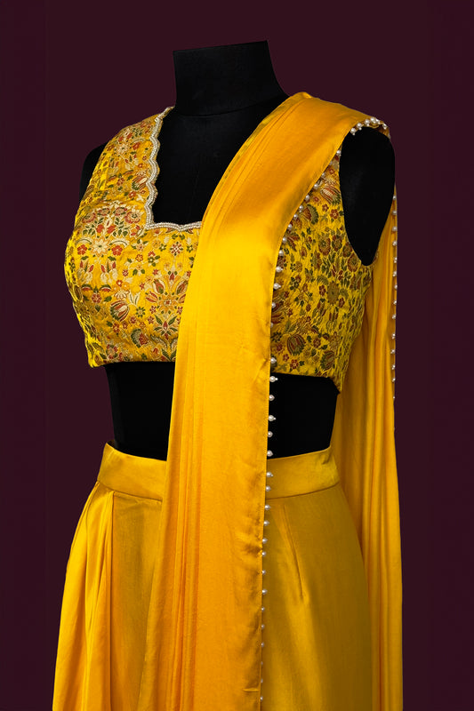 satin golden yellow ready made saree with stitched blouse