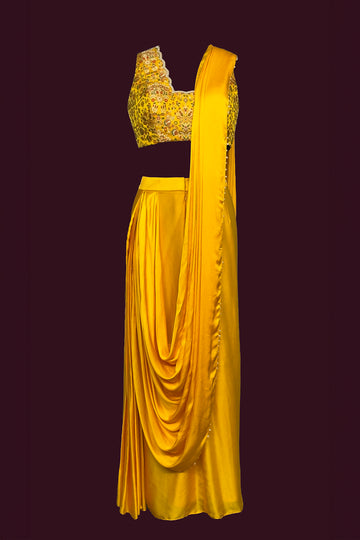 satin golden yellow ready made saree with stitched blouse