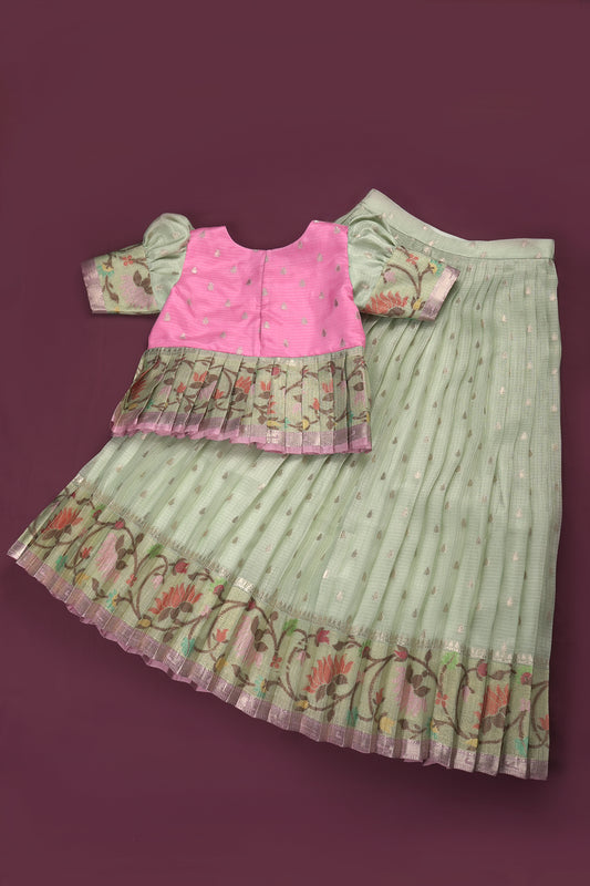 silk kota tissue fuschia pink cool mint sea green Lehanga blouse with out dupatta