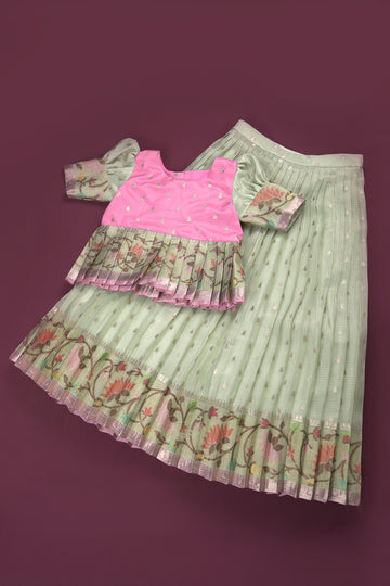 silk kota tissue fuschia pink cool mint sea green Lehanga blouse with out dupatta