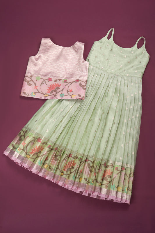 silk kota tissue fuschia pink cool mint sea green Lehanga blouse with out dupatta