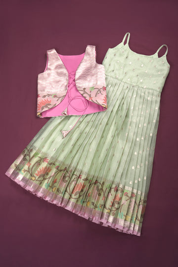 silk kota tissue fuschia pink cool mint sea green Lehanga blouse with out dupatta