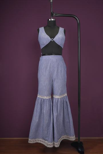 satin light beige light navy blue Indo-westerns