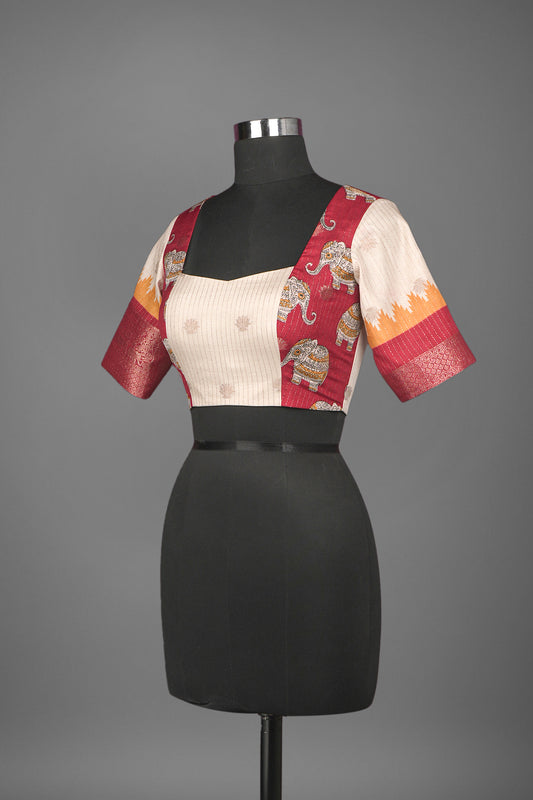 tussar light beige blood red blouse ready to wear