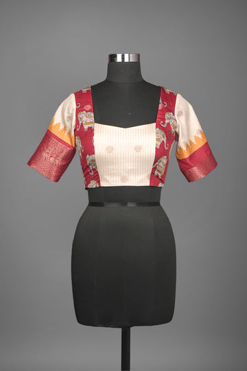 tussar light beige blood red blouse ready to wear