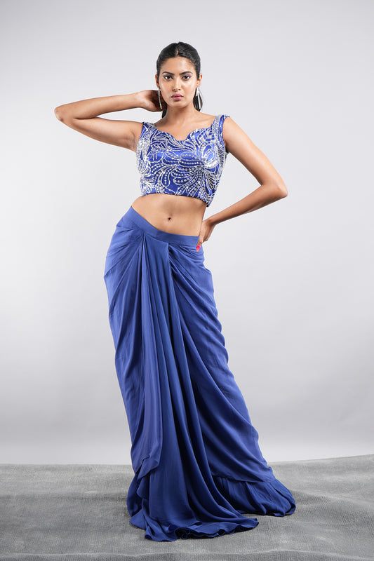 crepe net / tule bright pottery blue lehenga with blouse