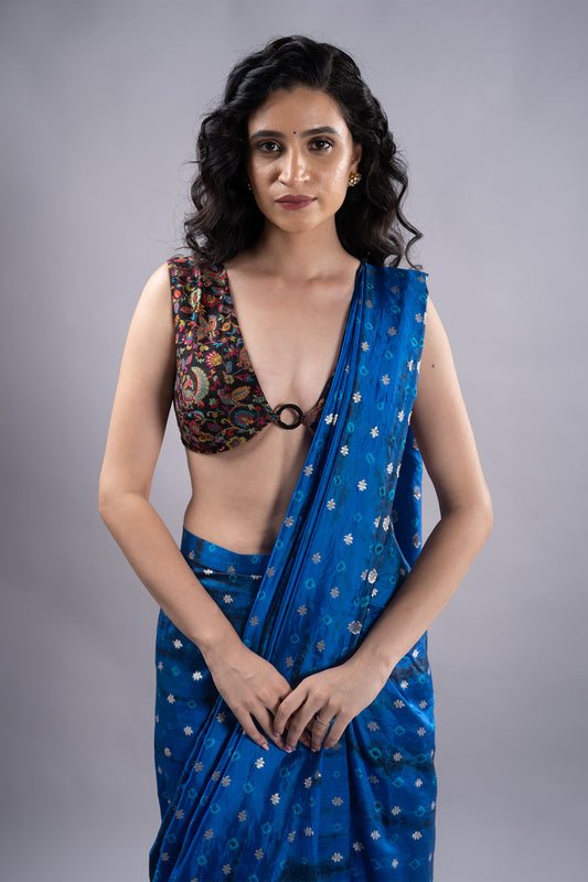 dupion black bright pottery blue ready made saree with stitched blouse