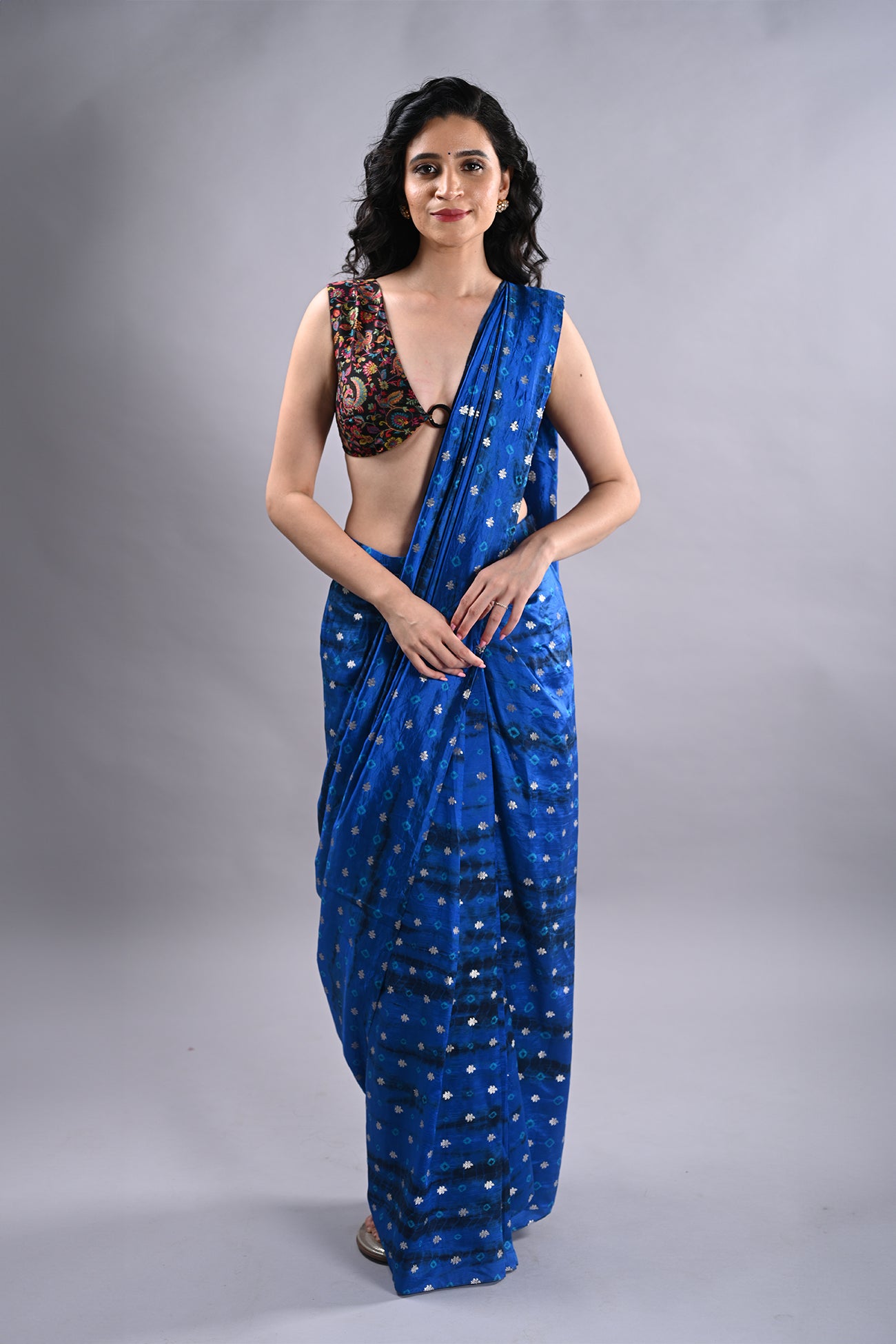 dupion black bright pottery blue ready made saree with stitched blouse