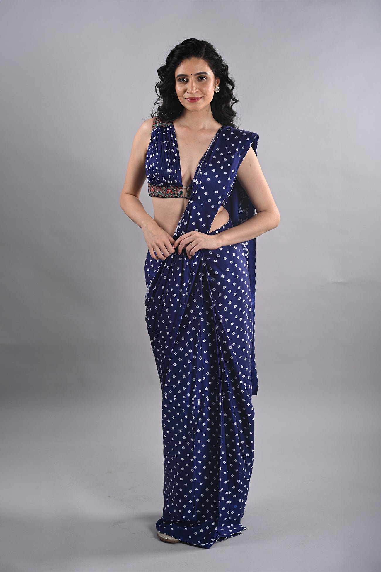 satin light navy blue ready made saree with stitched blouse