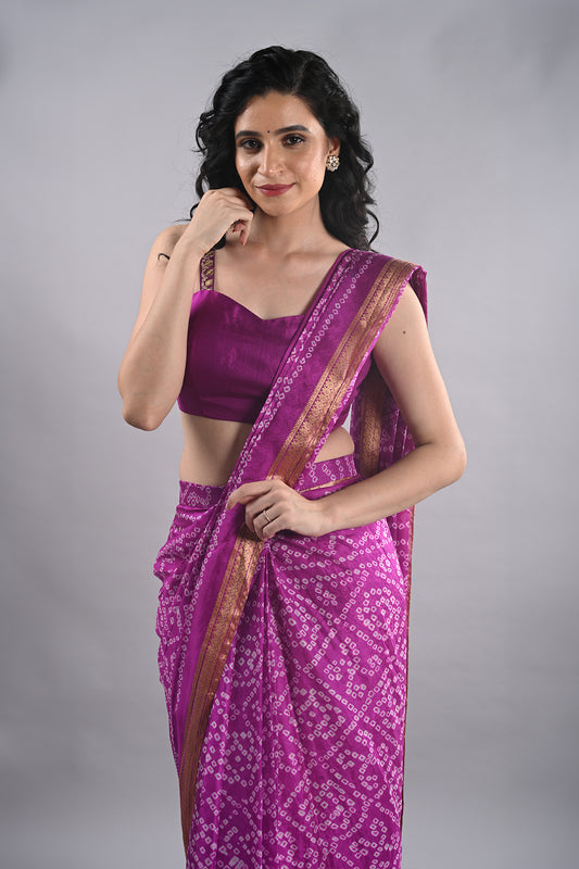 silk dupion purple violet ready made saree with stitched blouse