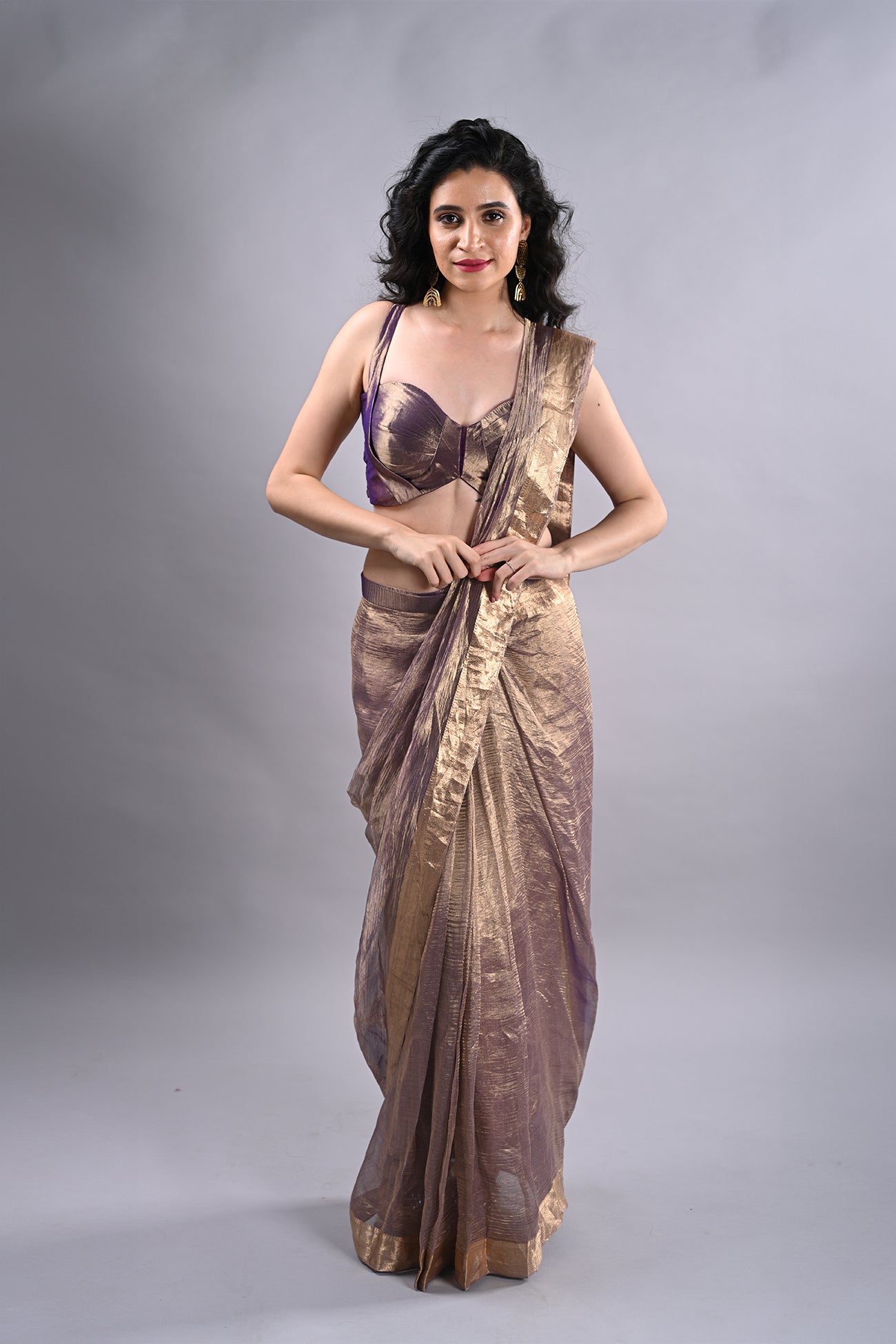 organza tissue burgundy mauve ready made saree with stitched blouse