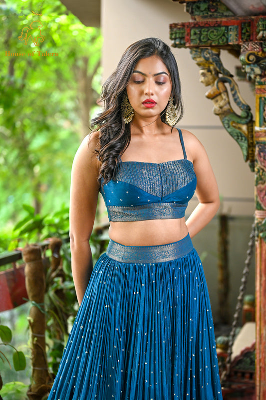 dupion dark sapphire aqua blue lehenga with blouse