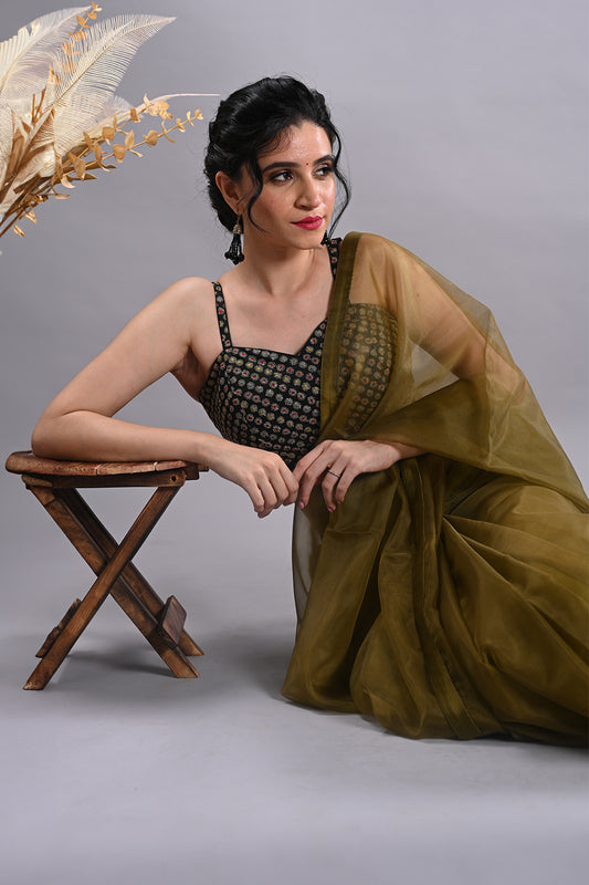 organza military olive green saree with stitched blouse