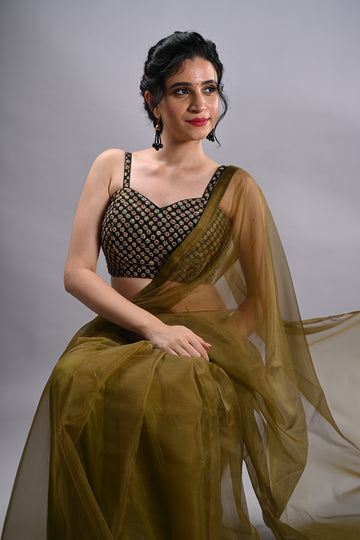 organza military olive green saree with stitched blouse