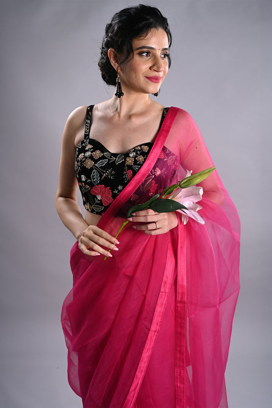 organza fuschia pink saree with stitched blouse