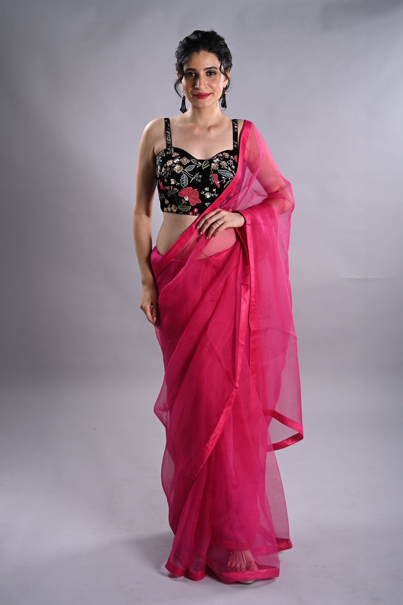 organza fuschia pink saree with stitched blouse