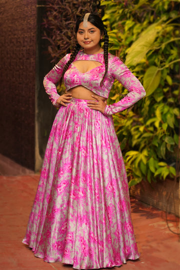 satin light beige fuschia pink lehenga with blouse